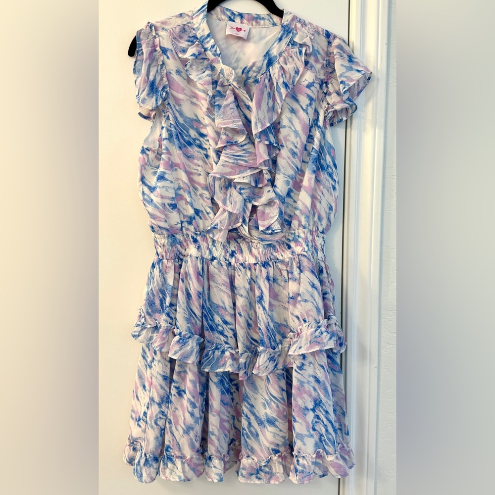 Buddy Love White/Purple/Blue Watercolor Sleeveless Ruffle Dress